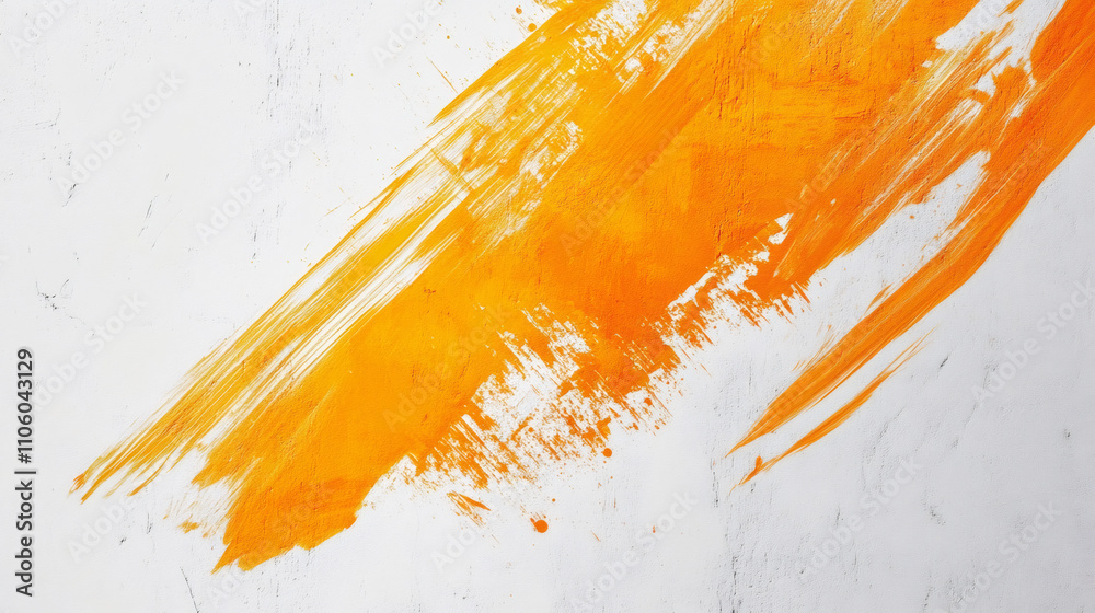 Poster Vivid orange paint brush stroke creating dynamic diagonal line on white textured background