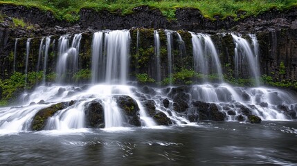 Obraz premium A serene waterfall cascades over rocky cliffs, surrounded by lush greenery and reflecting in the calm water below.