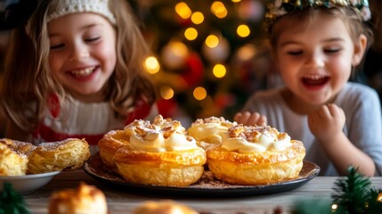 Two joyful children smiling at a plate of cream-filled pastries, surrounded by holiday decorations and glowing Christmas lights.  
