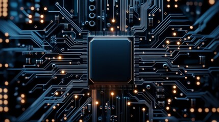 Close-up of a computer CPU with a futuristic motherboard featuring metallic textures, floating circuit traces, and glowing light effects, ample space for logo, Photorealistic