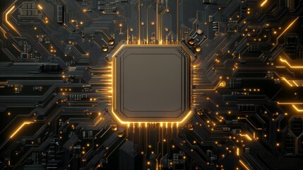Close-up view of a digital motherboard with a holographic CPU, glowing power circuits, and intricate details, plenty of room for logo design, Photorealistic