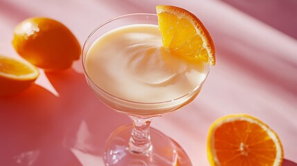 A creamy citrus dessert served in a glass, garnished with a fresh orange slice, surrounded by whole and sliced oranges.