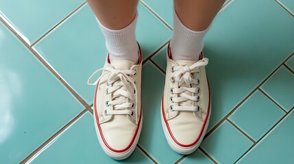 A young person wearing cream-colored sneakers and white socks stands on a bright turquoise tiled floor, creating a vibrant and casual vibe.