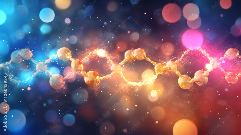 Aufkleber Dna molecule rotating with glowing particles on vibrant blurred background symbolizes scientific progress and genetic exploration