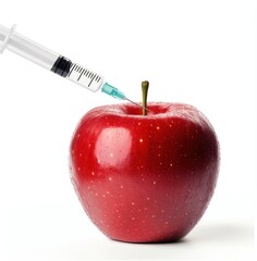 red apple with syringe