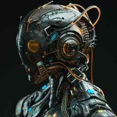 Fototapeta premium Futuristic android robot in glossy black case with copper and turquoise details