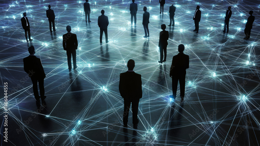 Poster Silhouettes of businessmen standing on a network grid visualization, engaging in virtual communication