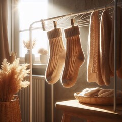 Cozy Knitted Socks Drying on Clothesline in Warm Natural Light with Rustic Decor. Comfort and warmth in a home setting concept. Ideal for Home comfort, winter wear, gift ideas, and cozy home decor