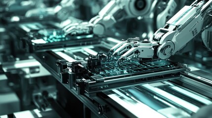 Fototapeta premium A close-up of an automated assembly line powered by artificial intelligence, showcasing efficiency