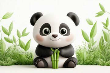 A cute cartoon panda sitting among bamboo leaves, smiling and holding bamboo, evoking a playful and cheerful atmosphere.