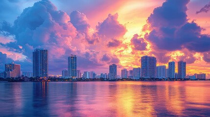 Obraz premium Captivating Composite of a Vibrant City Skyline Blending into a Dramatic Sunset Over Water, Showcasing Reflections and Cloud Patterns
