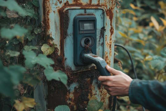 Neglected EV charging station surrounded by rusting equipment and overgrown vegetation, with a dusty charger held in hand, illustrating infrastructure challenges and prolonged disuse.