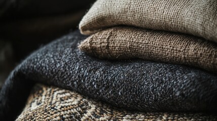 A close-up of cozy bedding in a dark bedroom, showcasing textures and colors that evoke warmth