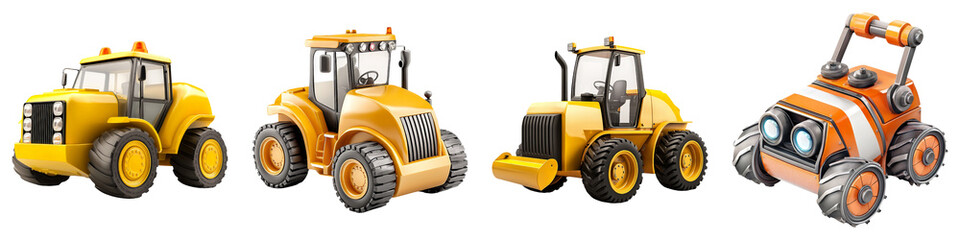 Fototapeta premium construction equipment concept. A collection of cartoon-style construction vehicles, including diggers, tractors, and a small robotic machine, all designed in bright yellow and orange colors. on Trans