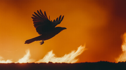 A striking silhouette of a bird soaring through flames, symbolizing resilience and freedom amidst chaos. Captured during an intense fire, this image evokes powerful emotions.