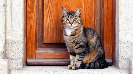 A wide-angle shot of a cat door installed in a wooden door, with a cat sitting on the doorstep.: cat, cat door, wooden door, outdoor, home, pet, architecture 