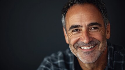 Fototapeta premium A close-up portrait of a man in his 40s with a warm smile, showcasing experience and wisdom