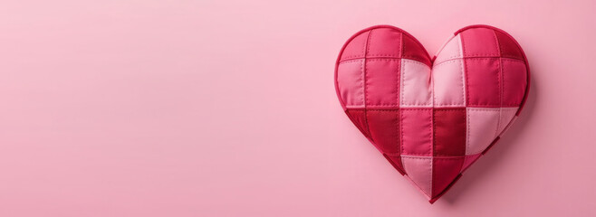 The heart handmade in handmade petchwork style in red colors, romantic style on pink background. Valentine's Day or Mother's Day concept. Copy space