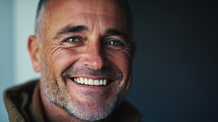 A close-up portrait of a man with a radiant smile, emphasizing warmth and friendliness