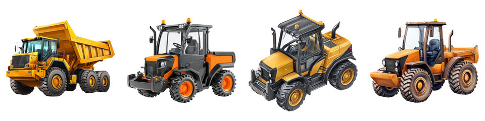 construction equipment concept. A collection of construction vehicles, including a dump truck, loader, and other heavy machinery, showcasing their distinct designs and functionalities. on Transparent 