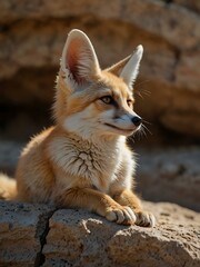 Fototapeta premium Fennec fox portrait relaxing on a stone.