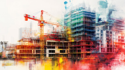 Vibrant construction site with cranes erecting contemporary skyscrapers mirrored in water, showcasing scaffolding and urban growth