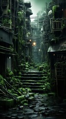 Obraz premium The Lost Cyberpunk City in Moody Indigo and White Atmosphere