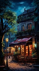 Parisian Caf&eacute; and Building at Night in Maroon and Azure Tones