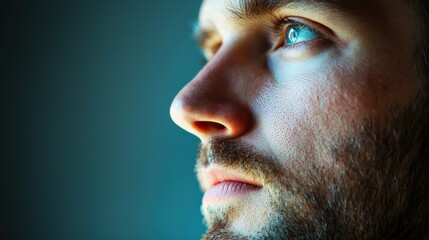 Obraz premium A close-up profile shot of a man with a thoughtful expression, emphasizing contemplation