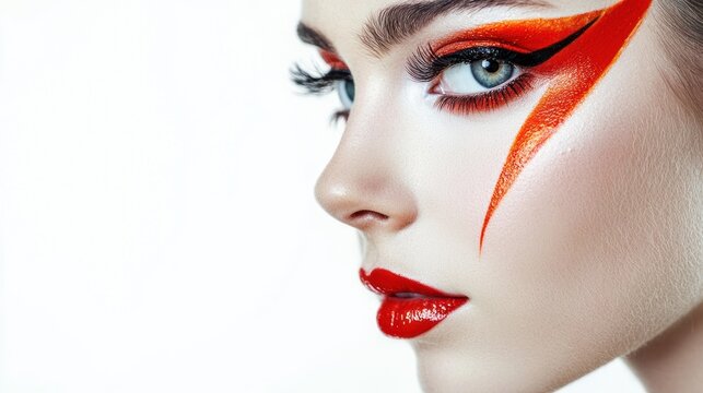 A close-up portrait of a woman with striking makeup, highlighting her beauty against a white background
