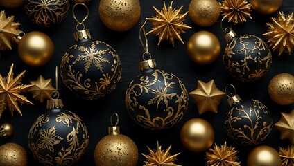 Festive Christmas decorations on a black background with gold accents.