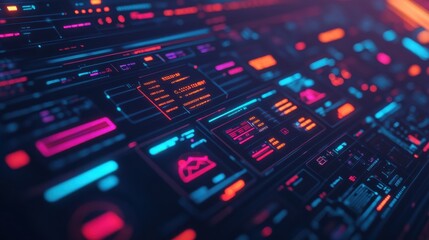 Fototapeta premium Futuristic Digital Interface with Neon Elements and Glowing Graphics for Technology, Data Analysis, Blockchain, and Virtual Reality Concepts in a Dark Background