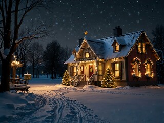 Fototapeta premium Festive Christmas house decorated in town.