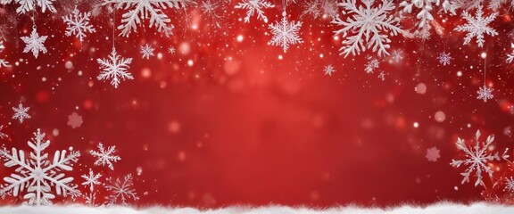 Snowy red background with white snowflakes, festive Christmas decorations, holiday theme, snowflakes, festive, Christmas