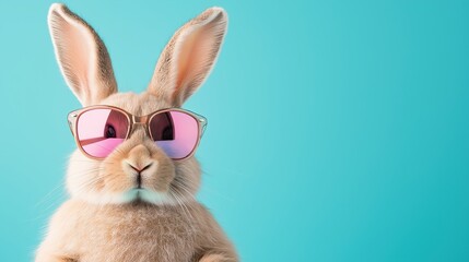 Beige rabbit wearing pink sunglasses against turquoise background. Summer fashion and humor with copy space