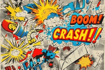 Obraz premium A dynamic comic-style illustration featuring explosive words like 