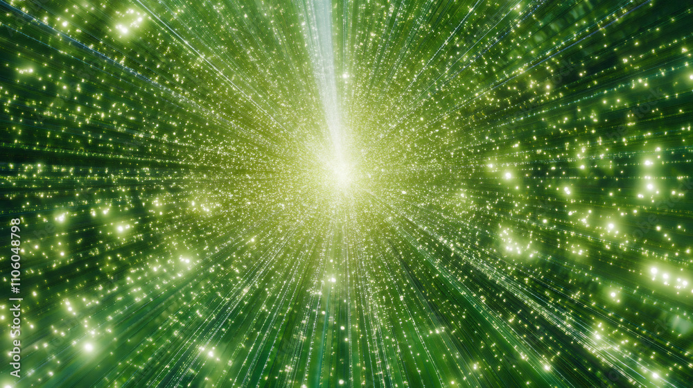 Poster abstract green light streaks and particles converging to a central bright spot, ideal for technology