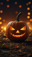 Fototapeta premium Festive fall pumpkin character with glowing eyes.