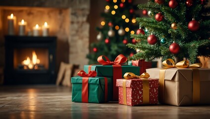 Festive home setting with wrapped gifts and Christmas tree.