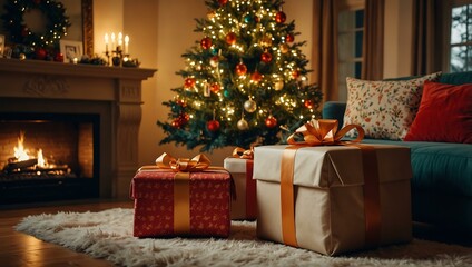 Festive home setting with wrapped gifts and a Christmas tree.