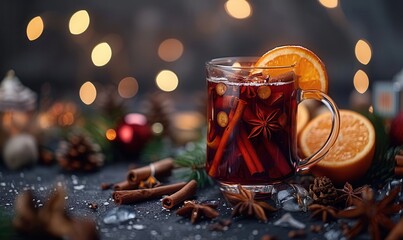 A cozy, festive drink in a glass, garnished with orange and spices, surrounded by holiday decorations and warm bokeh lights.