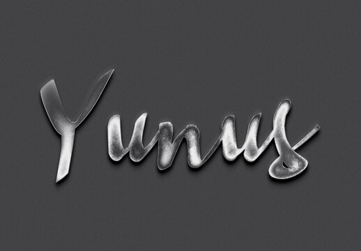 Chrome metal 3D Indonesian name design of Yunus on grey background.