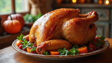 A beautifully roasted turkey sits on a wooden table, surrounded by fresh herbs and seasonal vegetables, radiating warmth in a rustic kitchen setting during autumn