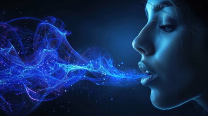 Ethereal Blue Energy Beam Illuminating Mysterious Female Face in Digital Fantasy Scene  Surreal Futuristic with Glowing Particles and Cosmic Atmosphere