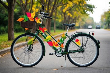 Eco-Friendly Bicycle Decorated with Colorful Leaves for Sustainable Travel and Green Lifestyle