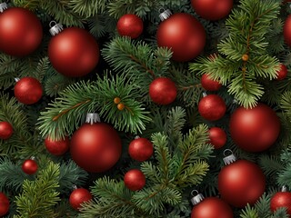 Festive winter holiday decor with pine and ornaments.