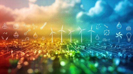 A colorful collection of renewable energy icons, including wind turbines, solar panels, and water droplets, arranged in a grid