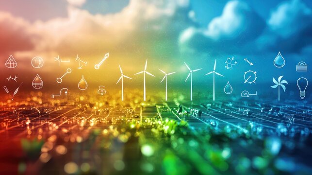 A colorful collection of renewable energy icons, including wind turbines, solar panels, and water droplets, arranged in a grid