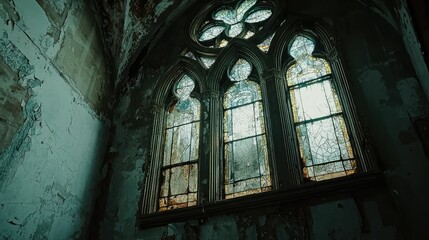 Fototapeta premium Abandoned Church Interior Featuring Cracked Stained Glass Windows in a Creepy Atmosphere, Capturing the Essence of Decay and Time's Passage with Atmospheric Lighting