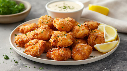 Fototapeta premium Crispy chicken nuggets with lemon and dipping sauce